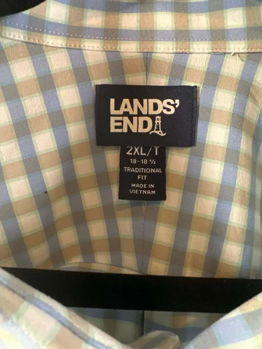 Lands' End Traditional Fit Blue and Tan Gingham Check Button-Down Shirt